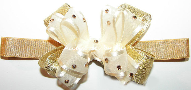 Ivory Gold Lame Small Bow Headband