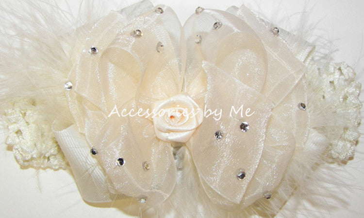 Glitzy Ivory Organza Satin Marabou Bow Crochet Headbands