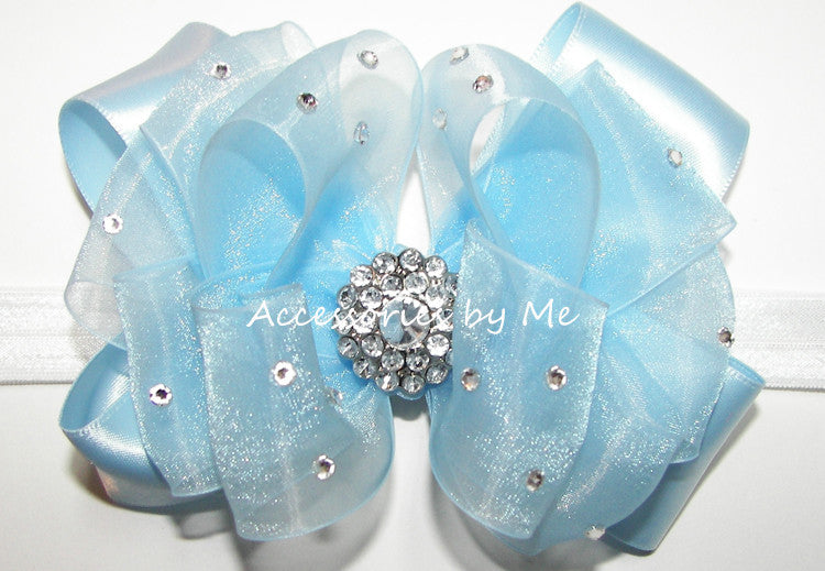 Glitzy Light Blue Organza Satin Bow Skinny Headband