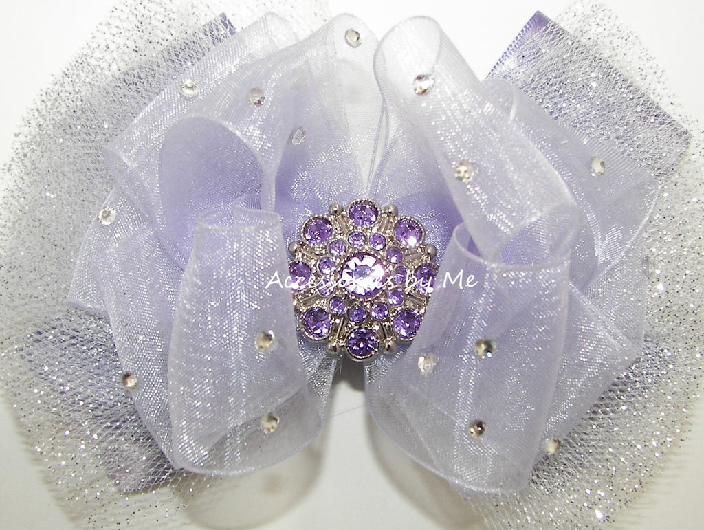 Glitzy Lilac Organza Sparkly Silver Tutu Hair Bow