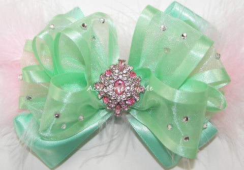 Glitzy Mint Green Pink Organza Marabou Hair Bow