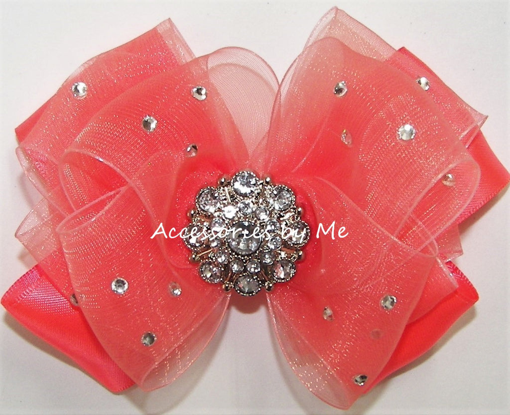 Glitzy Neon Coral Organza Satin Hair Bow