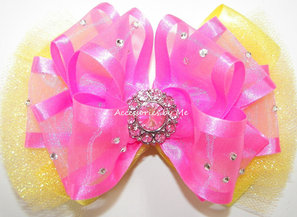 Glitzy Neon Pink Bright Yellow Tulle Hair Bow