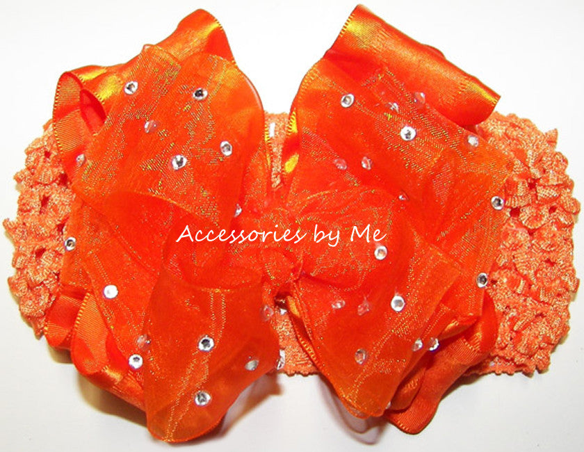 Pageant High Glitz Orange Organza Ruffle Bow Headband - Accessories by Me