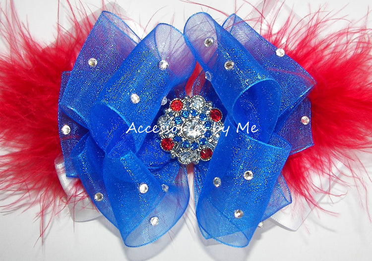 Pageant Glitzy Patriotic Red White Blue Marabou Hair Bow