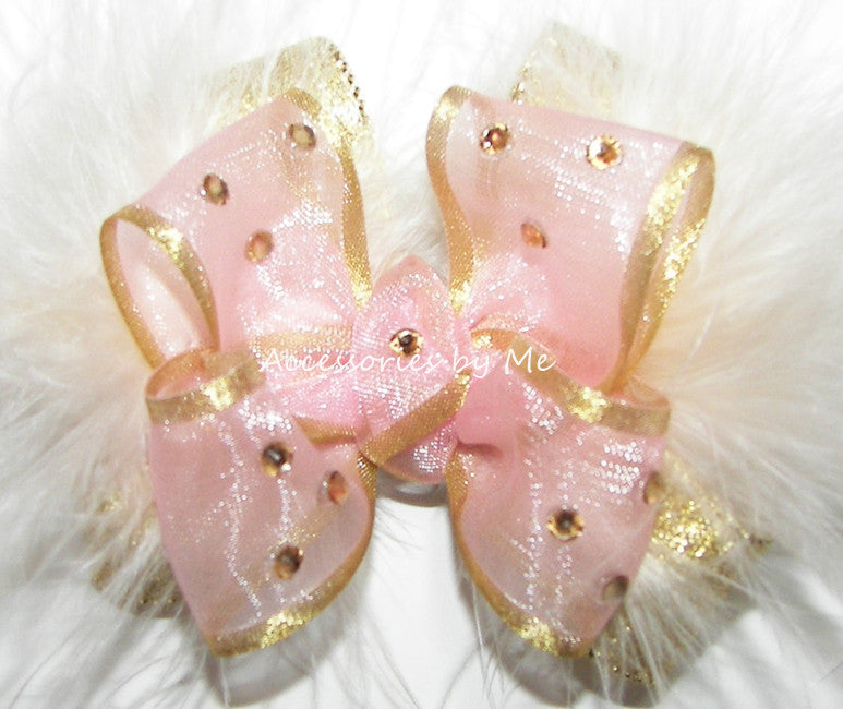 Glitzy Blush Pink Gold Organza Satin Metallic Ivory Marabou Hair Bow