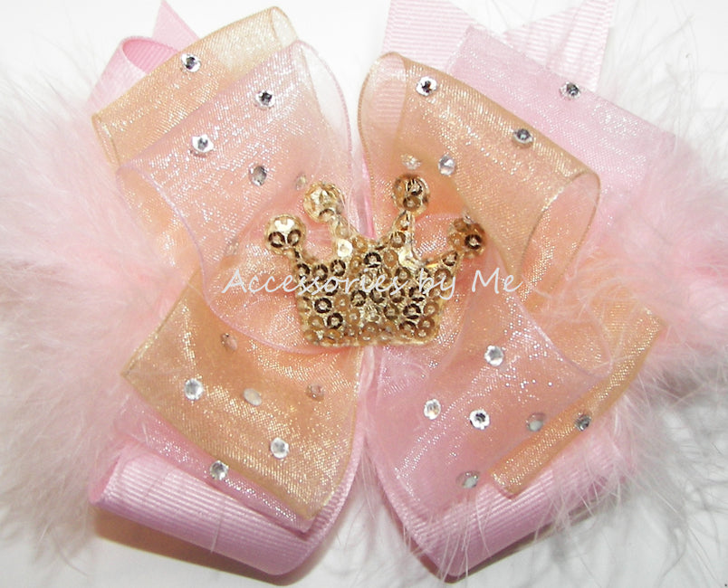 Light Pink Gold Organza Marabou Tiara Applique Hair Bow