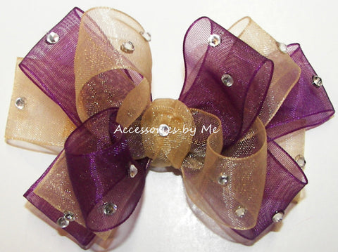 Glitzy Plum Gold Organza Hair Bow