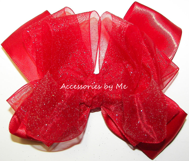 Glitzy Red Organza Satin Hair Bow - Accessories by Me