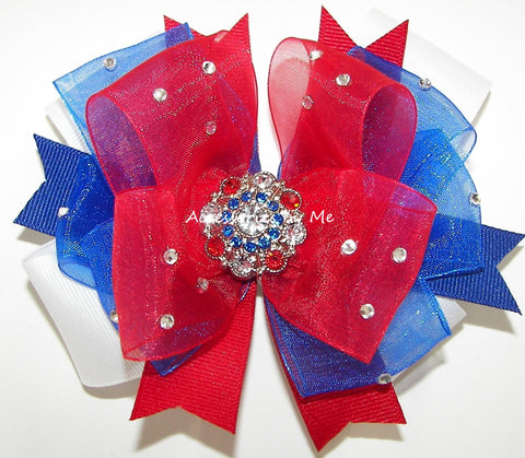 Glitzy Patriotic Red White Blue Hair Bow