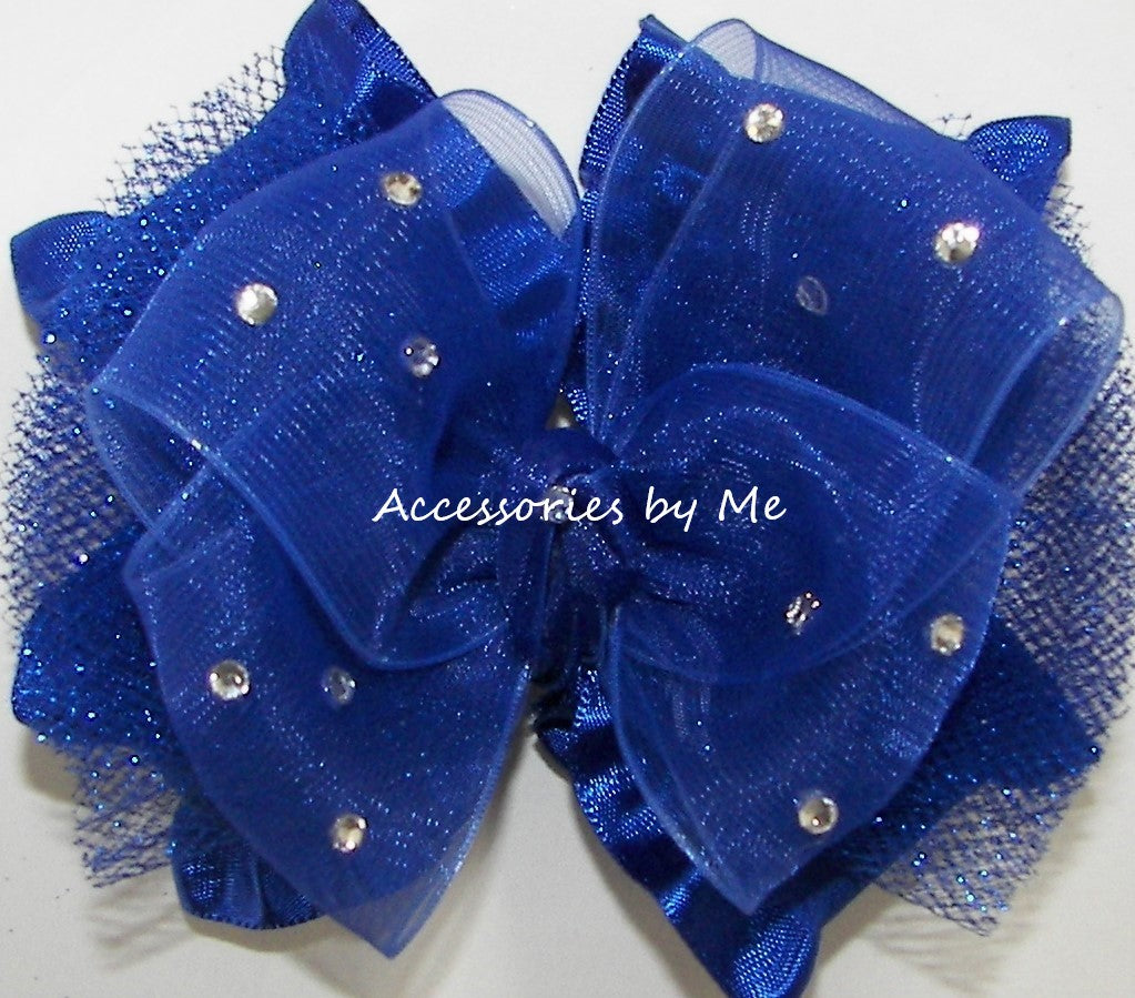 Glitzy Royal Blue Organza Tulle Ruffle Hair Bow