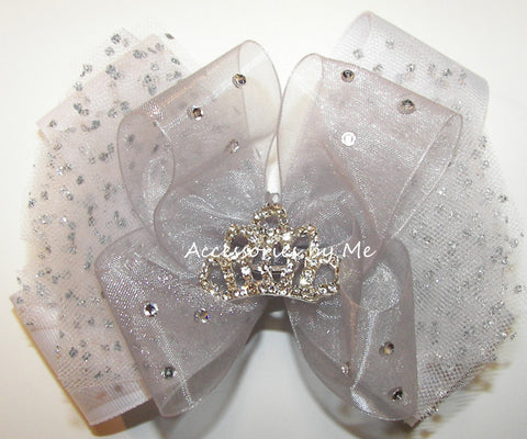 Glitzy Princess Tiara Silver Organza Tutu Hair Bow