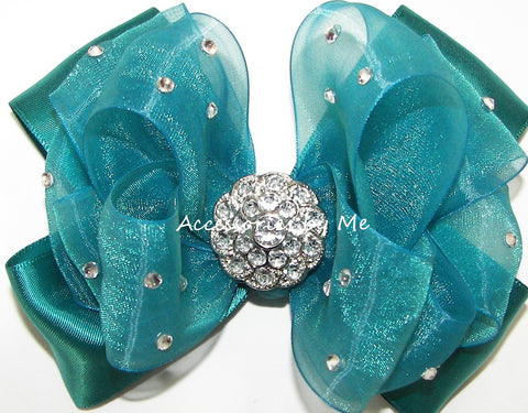 Glitzy Teal Organza Satin Hair Bow