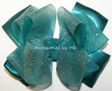 Glitzy Teal Organza Satin Hair Bow 