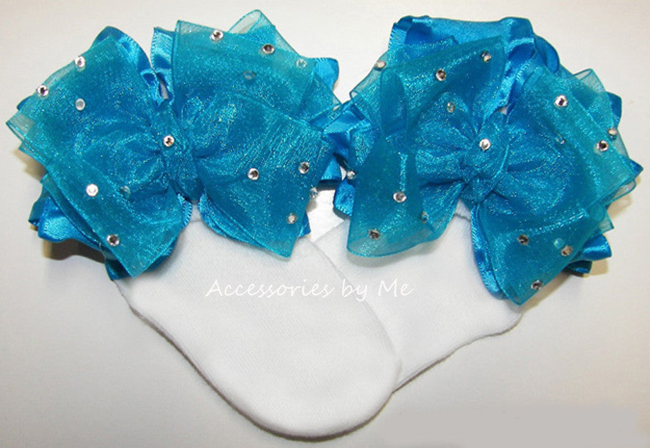 Glitzy Turquoise Blue Organza Ruffle Bow Socks
