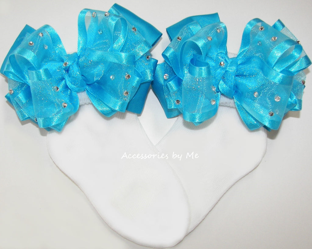 Glitzy Turquoise Blue Organza Satin Bow Socks