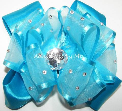 Glitzy Turquoise Blue Organza Satin Hair Bow