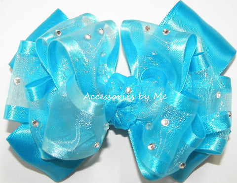 Glitzy Turquoise Blue Organza Satin Hair Bow