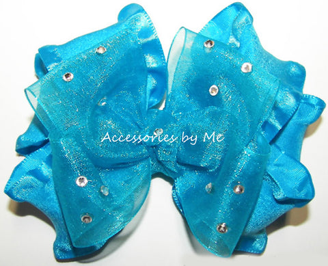 Glitzy Turquoise Blue Organza Ruffle Hair Bow