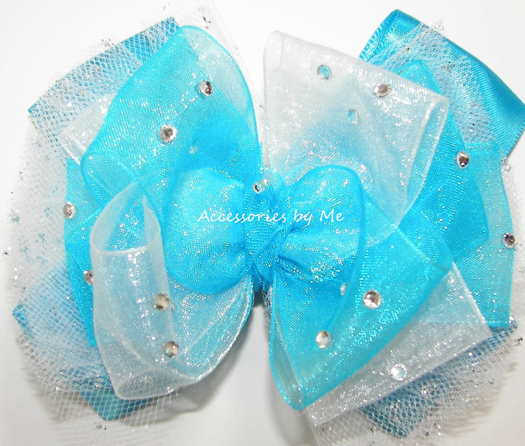 Glitzy Turquoise Blue White Tutu Hair Bow