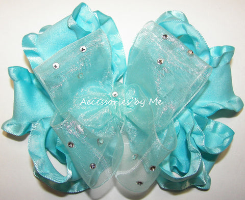 Glitzy Turquoise Organza Ruffle Hair Bow