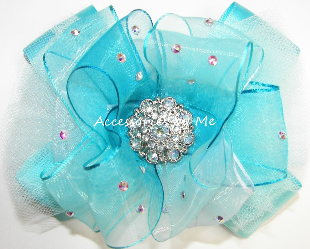 Glitzy Turquoise Ombre Organza Satin Tutu Hair Bow
