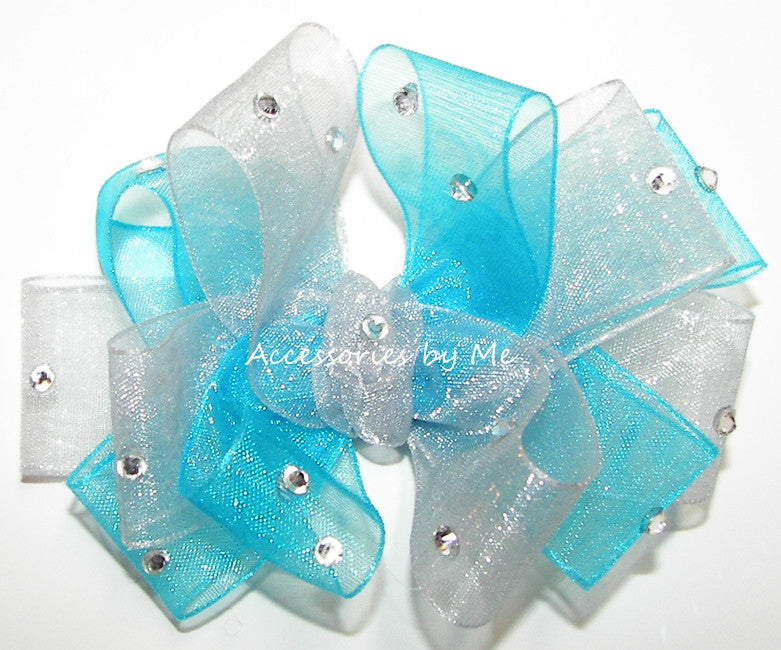 Turquoise Blue Silver Organza Hair Bow