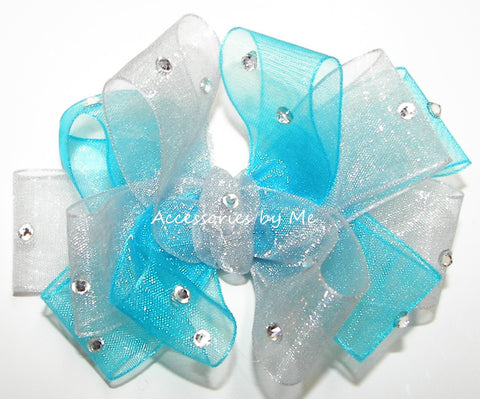 Glitzy Turquoise Blue Silver Organza Hair Bow