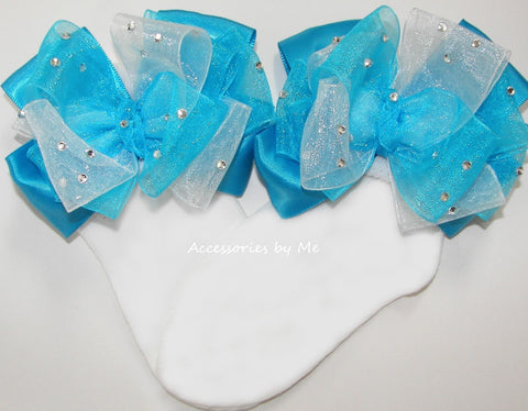 Glitzy Turquoise Blue White Bow Socks