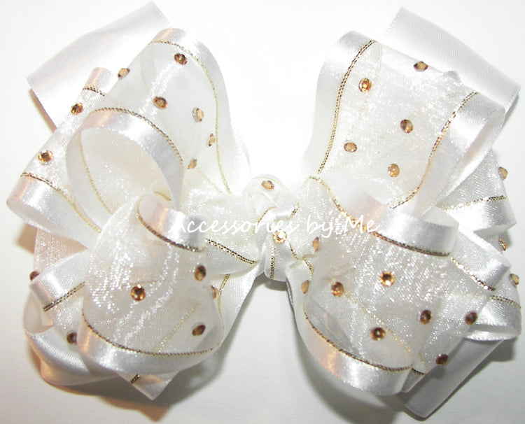 High Glitz White Gold Organza Satin Hair Bow