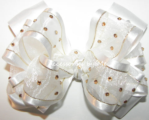 High Glitz Pageant White Gold Hair Bow