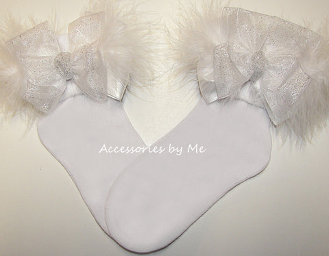 Glitter White Organza Marabou Bow Socks