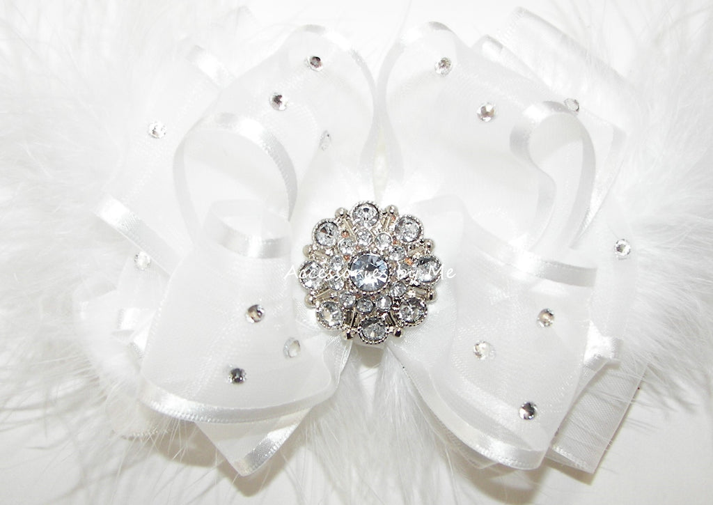 Glitzy White Organza Satin Marabou Feathers Hair Bow
