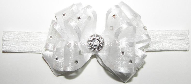 Glitzy White Organza Satin Bow Headband - Accessories by Me