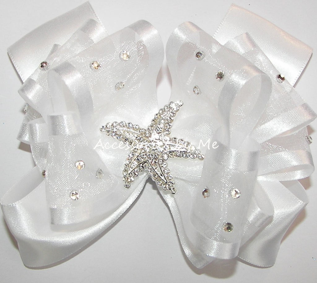 White Organza Satin Rhinestone Starfish Hair Bow