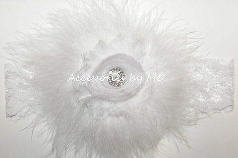 Glitzy White Rose Marabou Headband