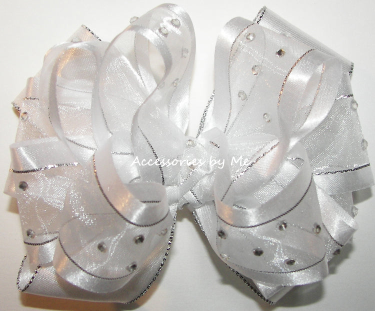 High Glitz White Silver Organza Satin Tulle Hair Bow