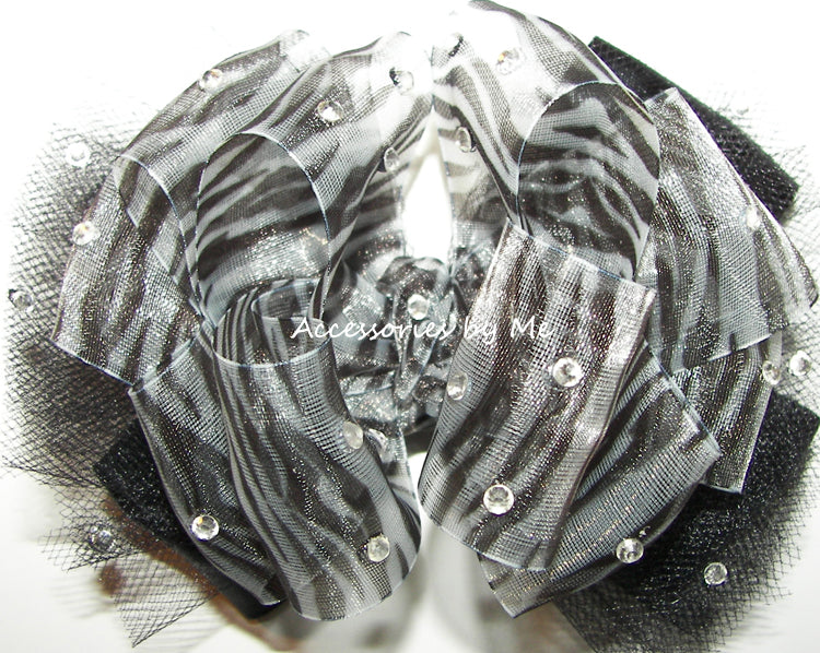 Glitzy Zebra Black White Tutu Hair Bow