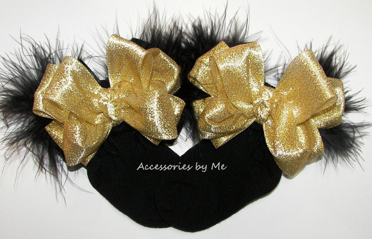 Glitzy Gold Black Marabou Bow Socks