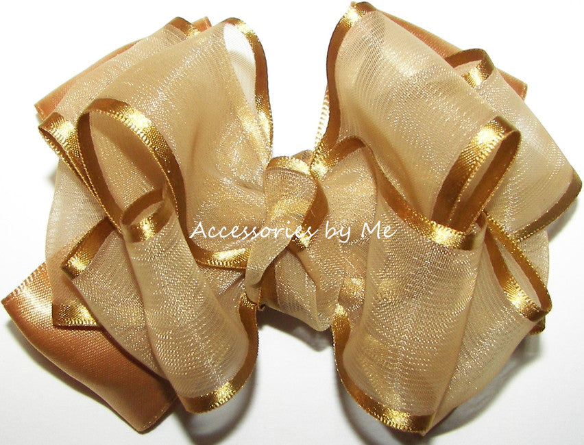 Antique Gold Organza Satin Trim Hair Bow