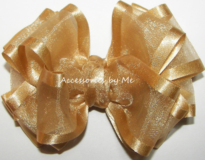 Gold Organza Satin Trim Hair Bow