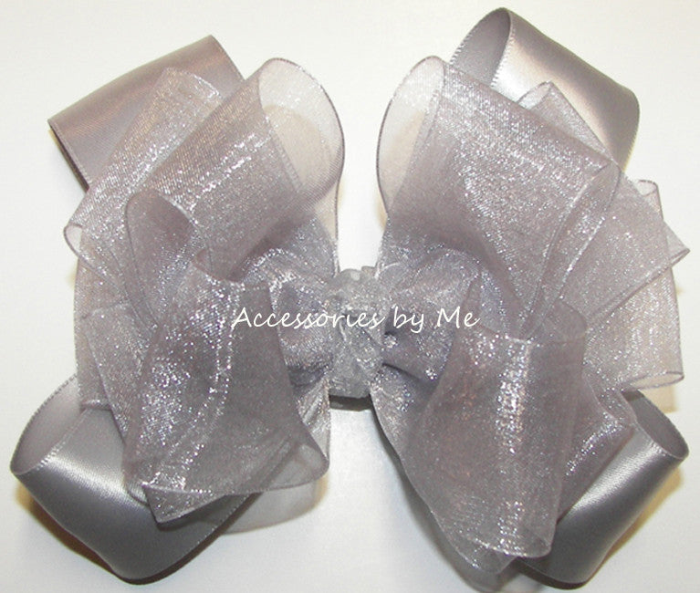 Silver Organza Satin Hair Bow