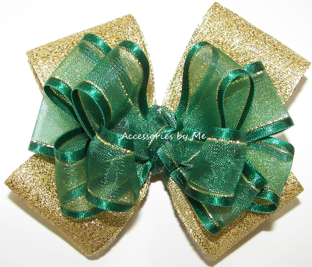 Forest Green Gold Metallic Trim Hair Bow