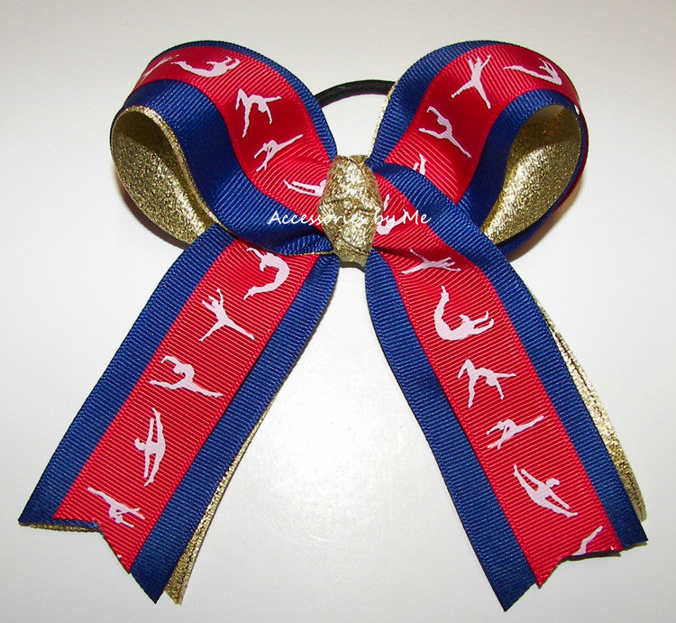Gymnastics Ribbon Red Blue Gold Ponytail Holder Hair Bow