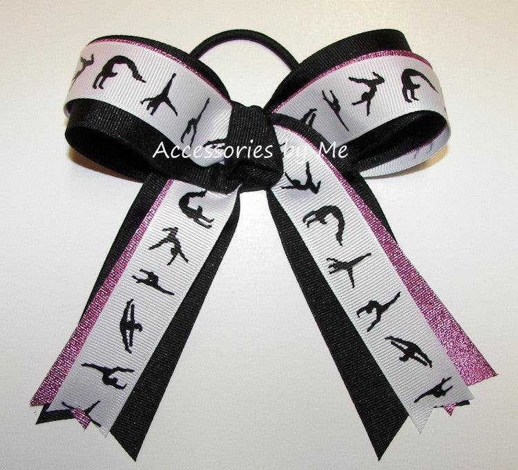 Gymnastics Hot Pink Black Ponytail Holder Hair Bow