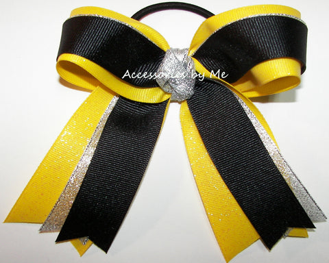 Black Silver Yellow Glitter Ponytail Bow