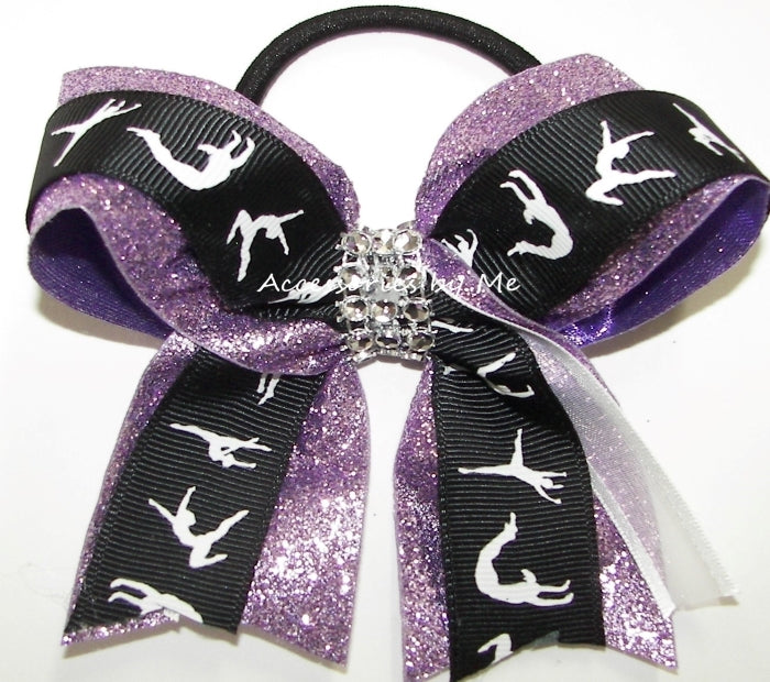 Gymnastics Black White Lavender Glitter Ponytail Bow