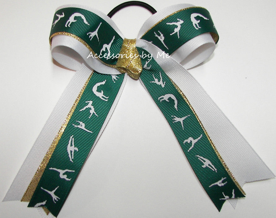 Gymnastics Green White Gold Ponytail Holder