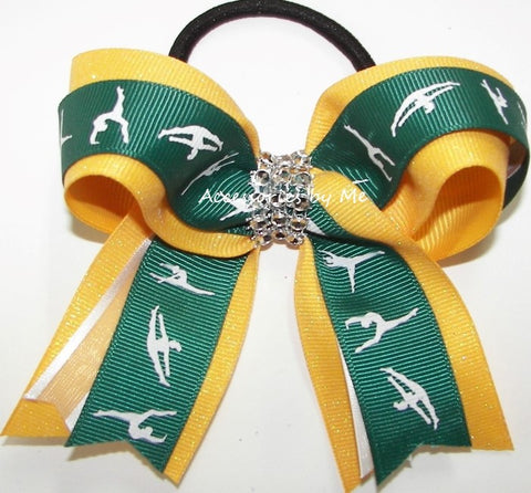 Gymnastics Green Yellow Gold Glitter Ponytail Bow