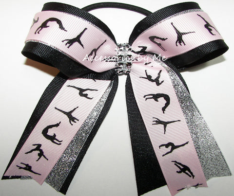 Gymnastics Pink Black Silver Ponytail Bow